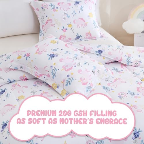 Yibeizi Unicorn Bed Comforter Set Twin Pink Girls Floral Bedding