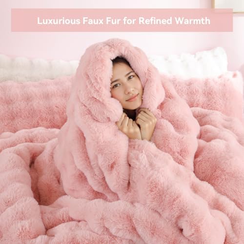 YIKUSH Full Faux Fur Soft Comforter Set, Fluffy Pink Rabbit Fur Comforter