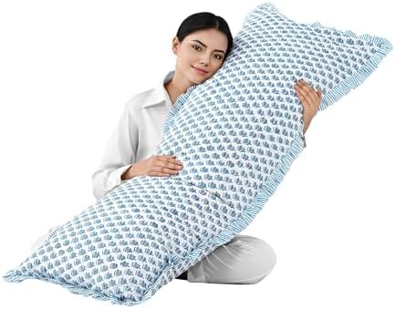 CPC Block Print Apatite Blue Ruffle Cotton Lumbar Pillow Cover 20x54 inch
