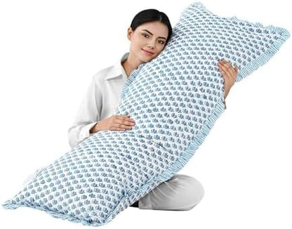 CPC Block Print Apatite Blue Ruffle Cotton Lumbar Pillow Cover 20x54 inch