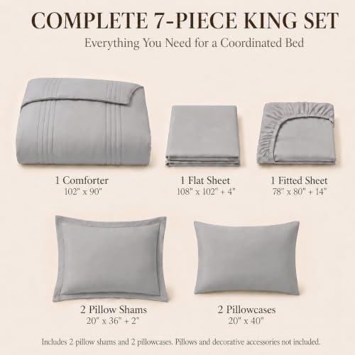 CozyLux King Size Comforter Set French Grey- 7 Pieces Bed in a Bag