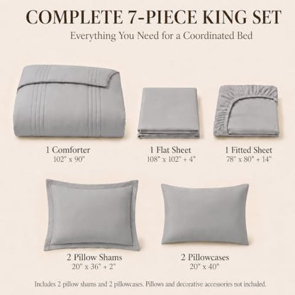 CozyLux King Size Comforter Set French Grey- 7 Pieces Bed in a Bag