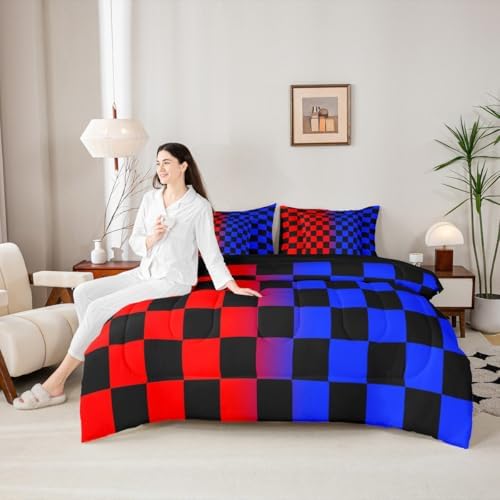 Checkered Comforter Set With Sheets 7 Piece King Size Red Blue Plaid Bed in a Bag Kids Boys Girls Cute Retro Neutral Checkerboard Geometric Bedding Set Vintage Aesthetic Bedroom Decor Breathable Soft