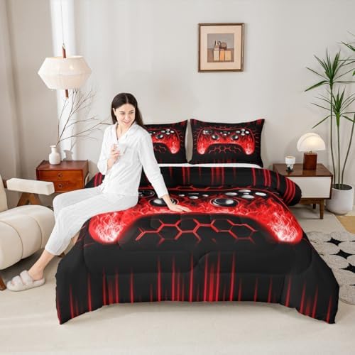 Erosebridal Ombre Art Honeycomb Game Consoles Comforter Set Red Neon Lights Gaming King Bedding Set Geometric Hexagon Beehive Duvet Set Gamer Room Decor for Boys