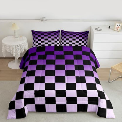 Feelyou Checkered Kids Comforter Set Twin Size Modern Geometric Gradient Purple Black Bedding Set Cute Neutral Plaid Duvet Quilt for Kids Boys Girls Bedroom Vintage Aesthetic Decor