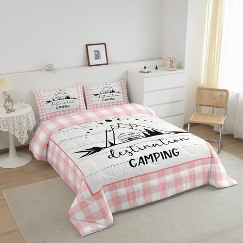 Happy Camping Comforter Set Twin Size,Camper RV Trailer Decor Bedding Set 2pcs for Kids Boys Girls Adults,Rustic Wooden Plank Geometric Grids Down Comforter,Pink Romantic Duvet Insert,1 Pillowcase