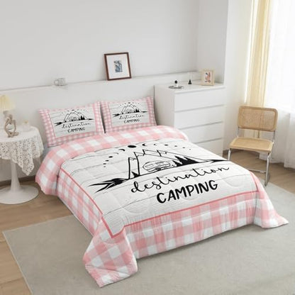 Happy Camping Comforter Set Twin Size,Camper RV Trailer Decor Bedding Set 2pcs for Kids Boys Girls Adults,Rustic Wooden Plank Geometric Grids Down Comforter,Pink Romantic Duvet Insert,1 Pillowcase