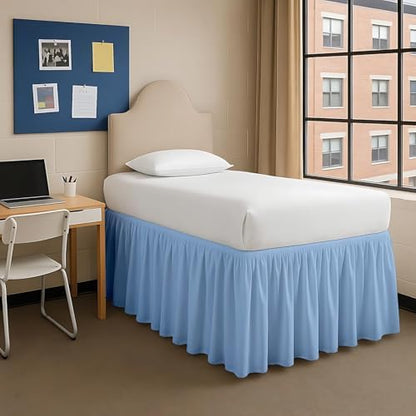 Dorm Bed Skirt Twin XL 42 Inch Drop, Easy to Install Extra Long Wrap Around Elastic Dust Ruffle, Bedskirt Solid Silky Fabric Machine Washable, Ruffled College Dorm Room Light Blue