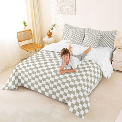 jejeloiu Light Khaki Plaid King Comforter Set with Sheets for Kids Boys Girls Checkered Classic 7 Pieces Bedding Set Grid Geometric Bed in a Bag Room Decor Soft Lightweight Microfiber
