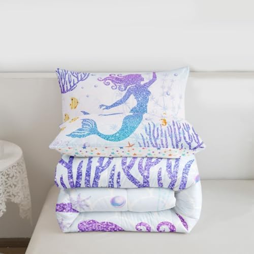 Castle Fairy Mermaid Bedding Set Full Size Rainbow Watercolor Glitter Comforter Set for Kids Girls Women Teens Room Decor, Mermaid Fish Scale Quilt Set Ocean Coral Shell Duvet Insert 3pcs