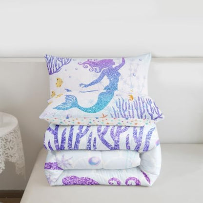Castle Fairy Mermaid Bedding Set Full Size Rainbow Watercolor Glitter Comforter Set for Kids Girls Women Teens Room Decor, Mermaid Fish Scale Quilt Set Ocean Coral Shell Duvet Insert 3pcs
