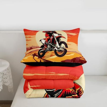 Feelyou Sunset Motocross Comforter Set Queen Dirt Bike Rider Bedding Set for Kids Boys Girls Checkered Flag Duvet Quilt Off-Road Racing Design Bedroom Decor Outdoor Sports 3 Pcs with 2 Pillow Cases