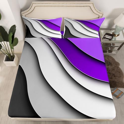 Feelyou Abstract Ombre Purple Grey White Bed Sheets Men Adults Teens Ocean Waves Striped Sheet Set Kids Boys Girls Modern Gradient Contemporary Bed Set Bedroom Collection 3Pcs Twin Size
