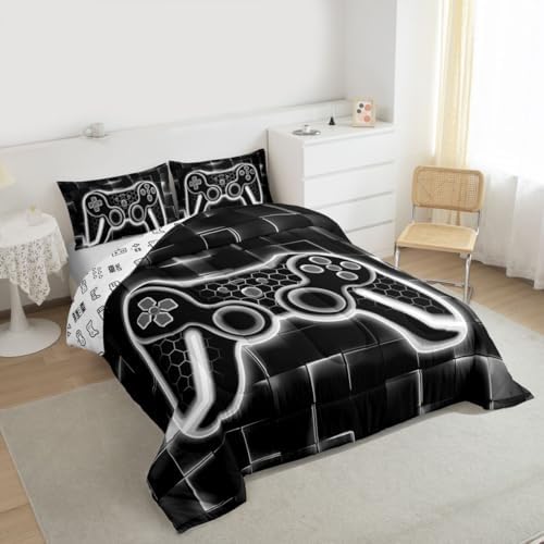 Feelyou Kids Gamer Comforter Set Queen Size Grey and Black Bedding Set for Boys Teens Decor Gaming Ombre Comforter Geometric Square Duvet Set 3Pcs