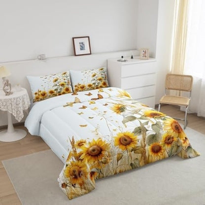 jejeloiu Sunflower Comforter Set Queen Size Kids Butterfly Rustic Floral Bedding Set Boys Girls Teens Yellow Flowers Duvet Breathable Botanical Spring Quilt Bedroom Decor,1 Comforter with 2 Pillowcase