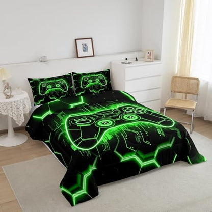 Feelyou Kids Green Gamer Comforter Set Toddler Size, Honeycomb Gaming Bedding Set Boys Girls Modern Game Console Comforter Gamepad Teens Duvet Set Bedroom Decor Bed Set 2Pcs