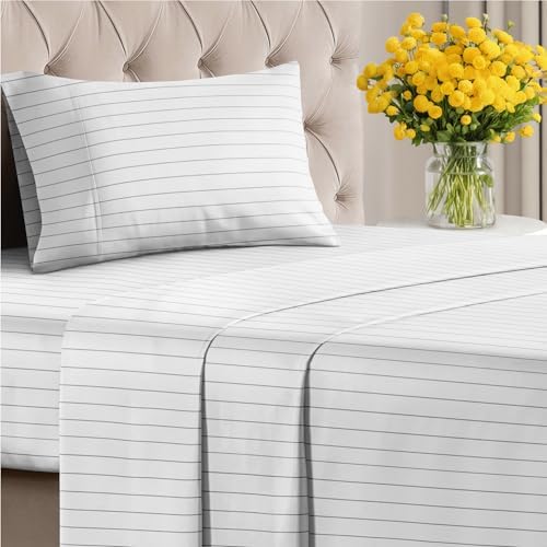 Twin XL 3 Piece Striped Sheet Set - Breathable & Cooling - Grey Stripe