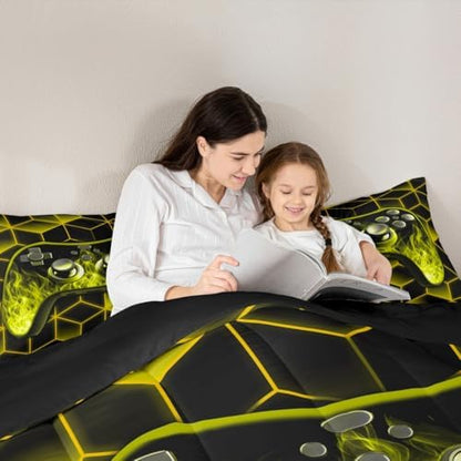 Yellow Gaming Comforter Set for Boys - Neon Geometric Toddler Bedding with 3D Geometric Kids Comforter Set, Flame Gaming Consoles Decor