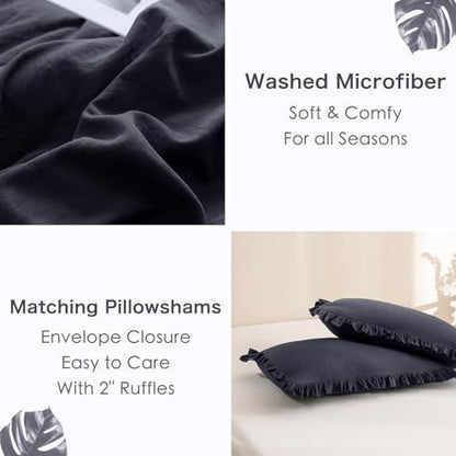 Masaca Shabby Comforter Set Queen,Farmhouse Rustic Boho Bedding Ruffled Comforter Set,Vintage Dark Grey Ruffle Comforter for Queen Bed Fluffy Aesthetic French Country Bedding 3 Pieces
