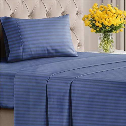 Twin XL 3 Piece Striped Sheet Set - Breathable & Cooling - Blue Stripes