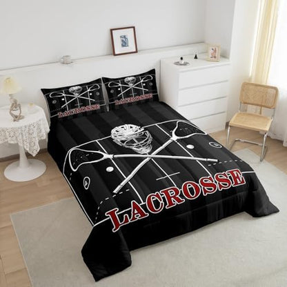 Manfei Lacrosse Comforter Set Twin Size, Sports Gaming Theme Quilt Set with 1 Pillowcase, White Lacrosse Player Bedding Set 2pcs for Kids Boys Teens Bedroom Decor