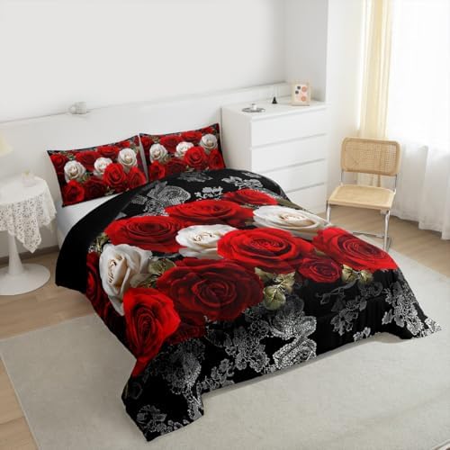 Red and White Rose Print Comforter Set Full Aldults Teens 3D Floral Room Decor Romantic Lace Pattern Bedding Set,Soft Lightweight Modern Flowers Duvet,Youth Young Man Quilt,1 Comforter + 2 Pillowcase
