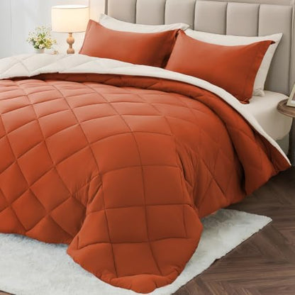 MUXHOMO 5 Pieces Twin XL Comforter Set, Reversible Bed in a Bag Twin XL Size, All Season Bedding Set with Comforter, Flat Sheet, Fitted Sheet, Pillowcases & Shams, Burnt Orange & Beige