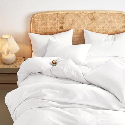 Wake In Cloud - Cotton Duvet Cover Set, 100% Washed Cotton, Linen Like Textured, Breathable Durable Comfy Farmhouse Neutral Bedding Set, 3 Pieces, White, Full Size