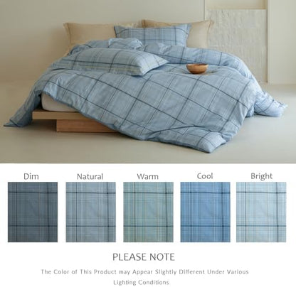 Blue Plaid Comforter Set 3 Pieces - 100% Cotton Grid Gingham Pattern Reversible Comforter King Size, Soft and Hypoallergenic Bedding Set