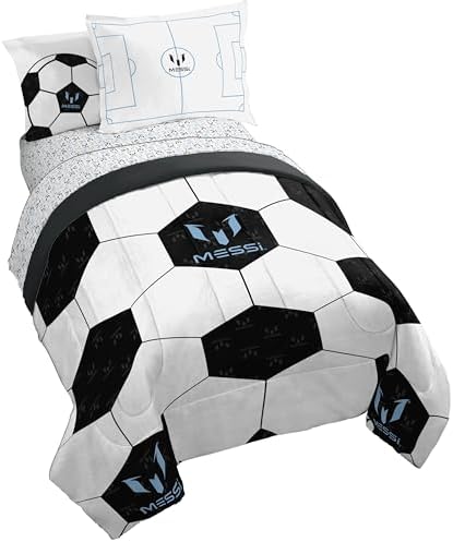 Jay Franco Kids Comforter Set Includes Sheets and Pillow Cover - Soft and Cozy Bed Set for Stylish Room Décor, White - Messi, 7 Piece Full