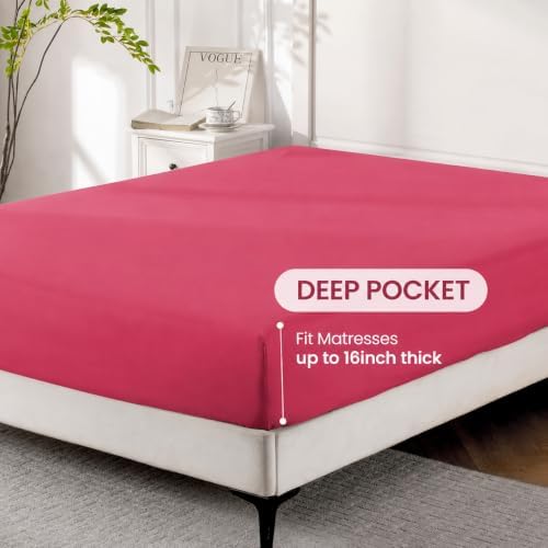 ROSE&RISY Magenta Queen Sheet Set, Pre-Washed Cotton-Like Brushed Microfiber, 4 Pcs Super Soft Breathable Cooling Bed Sets,Includes 1 Fitted, 1 Flat, 2 Pillowcases(Magenta, Queen)