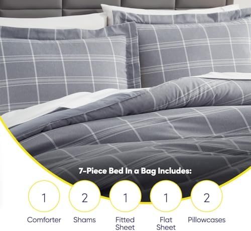 7 Piece Comforter Set Bag Solid Color All Season Soft Down Alternative Blanket & Luxurious Microfiber Bed Sheets, King, Gray Plaid
