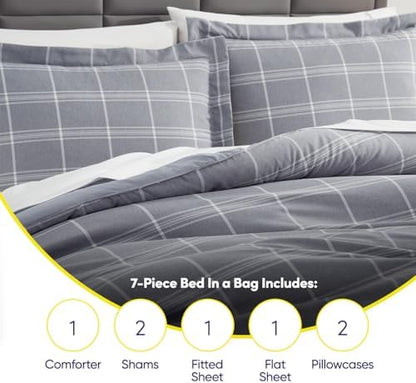 7 Piece Comforter Set Bag Solid Color All Season Soft Down Alternative Blanket & Luxurious Microfiber Bed Sheets, King, Gray Plaid