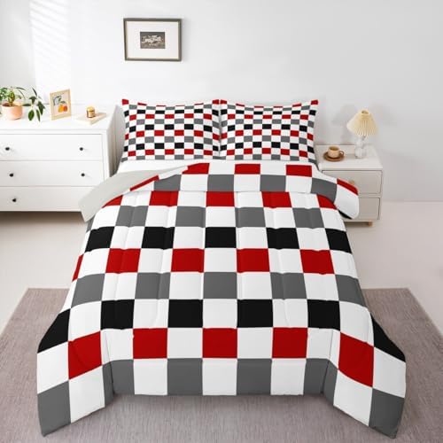 Checkered Geometric Comforter Set Twin Size Red Grey Black Plaid Bedding Set for Kids Boys Girls Checkerboard Modern Aesthetic Duvet Quilt Reversible Grey Bedroom Decor 2 Pcs with 1 Pillow Cases