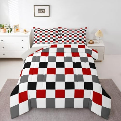 Checkered Geometric Comforter Set Twin Size Red Grey Black Plaid Bedding Set for Kids Boys Girls Checkerboard Modern Aesthetic Duvet Quilt Reversible Grey Bedroom Decor 2 Pcs with 1 Pillow Cases