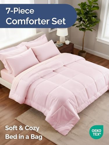 King Comforter Set - 7 Piece Bed in a Bag King Size Bed Set - Lavender Pink