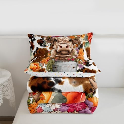 Highland Cattle Cup Comforter Set for Kids Adults,Retro Cow Skin Farmhouse Animal Soft Bedding Comforter Sets Queen,Watercolor Wild Flowers Rustic Style Quilt Comforter with 2 Pillowcases
