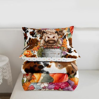 Highland Cattle Cup Comforter Set for Kids Adults,Retro Cow Skin Farmhouse Animal Soft Bedding Comforter Sets Queen,Watercolor Wild Flowers Rustic Style Quilt Comforter with 2 Pillowcases