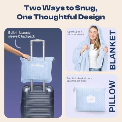EverSnug Travel Blanket & Pillow 68x42 - Premium Ultra-Soft Microfleece 2 in 1 Compact & Packable Flight Blanket with Soft Bag Pillowcase, Hand Luggage Sleeve and Backpack Clip (Ice Blue)