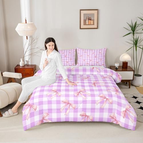 jejeloiu Checkerboard Bowknot Bedding Set Soft for Boys Girls, Pink Bow Comforter Set King Size Plaid Duvet Quilt Microfiber Purple Bedroom Decor 3 Pcs with 2 Pillow Cases
