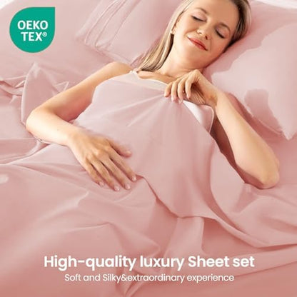 ROSE&RISY Pink Full Sheet Set, 4 Pieces Soft Bedding Full Sheet Set, Breathable and Cooling,Includes 1 Fitted Sheet, 1 Flat Sheet, 2 Pillow Cases - Deep Pocket (Pink, Full)