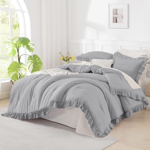 Andency Silver Gray Queen Comforter Set, 3 Pieces Shabby Chic Bedding