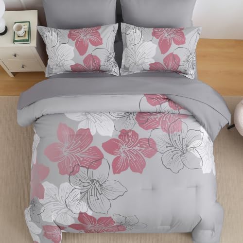 Luxudecor Grey Pink Comforter Set King Size, 7 Pieces Floral Bed in a Bag