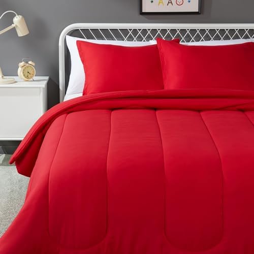 Amazon Basics 3-Piece Soft Microfiber Kids' Comforter and Pillow Sham Set, Full/Queen, Red, Solid