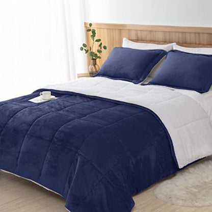 Sherpa Comforter Set Full Queen Size, Navy Blue Bedding Set with Shams