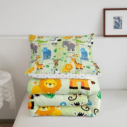 Erosebridal Kids Cartoon Jungle Animals Comforter Twin,Cute Elephant Hippo Comforter Set Crocodile Giraffe Monkey Bedding Set for Boys Girls,African Wildlife Bedding Quilted 1 Pillow Case Green