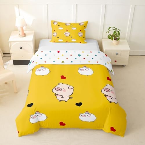 Pig Duvet Cover Cartoon Animal Bedding Set Cute Pigs Printed Decor Yellow Comforter Cover for Kids Teen Girls Boys Soft Microfiber Reversible Bedspread,1 Duvet Cover with 1 Pillowcase, Twin Size