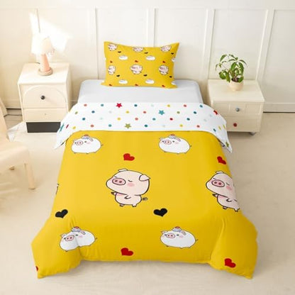 Pig Duvet Cover Cartoon Animal Bedding Set Cute Pigs Printed Decor Yellow Comforter Cover for Kids Teen Girls Boys Soft Microfiber Reversible Bedspread,1 Duvet Cover with 1 Pillowcase, Twin Size