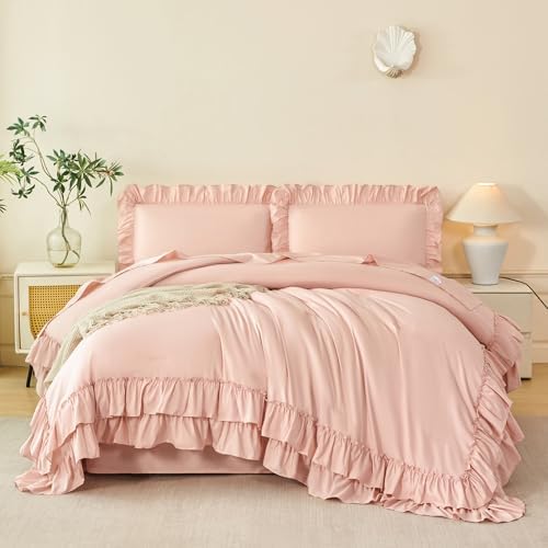 ANGIYUIN 5 Pieces Blush Pink King Size Bed in A Bag Ruffle Comforter Sets