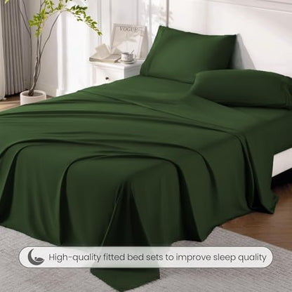 ROSE&RISY Dark Olive Green King Sheet Set, 4 Pcs Soft Bedding King Sheet Set, Breathable and Cooling,Includes 1 Fitted Sheet, 1 Flat Sheet, 2 Pillowcases - Deep Pocket (Dark Olive Green, King)